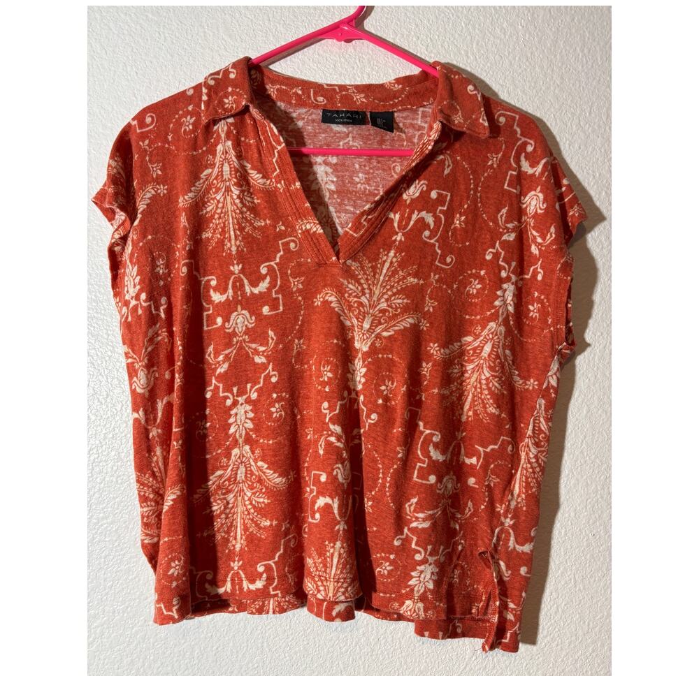 Tahari Womens Size L Rust Orange Linen Cap Sleeve Botanical Motif Collared Shirt